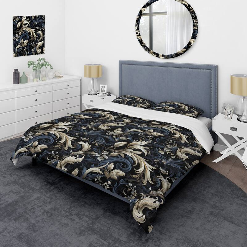 Designart "Damask Black And Grey Calligraphy Flourishes" Damask bedding